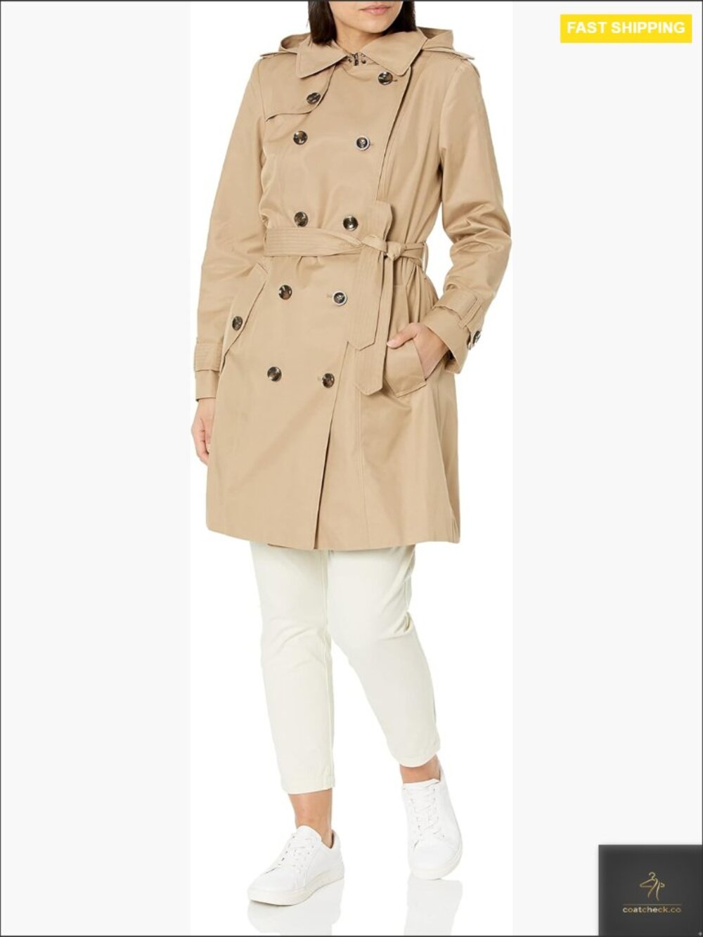 Classic Double Breasted Trench Coat with Belt Removable Hood Side Pockets